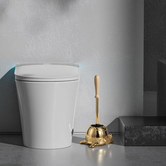 Turtle Base Toilet Brush Set - Gold Ceramic Toilet Scrubber Brush 7.5â Bowl Cleaner with Ergonomic Handle, Mini Cute Bathroom Cleaning Brush - Bathroom Decor
