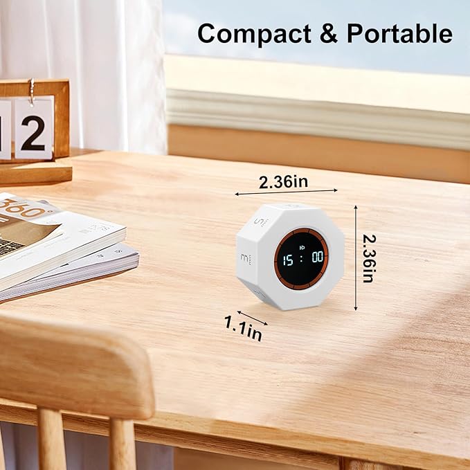 Kaflin Small Rechargeable Pomodoro Timer, Gravity Sensor Auto-Rotating 7 Preset Times (1/3/5/15/30/60/90 min) & Count Up Mode, Digital Kitchen Timers for Cooking, Work and Study (Pearl White)