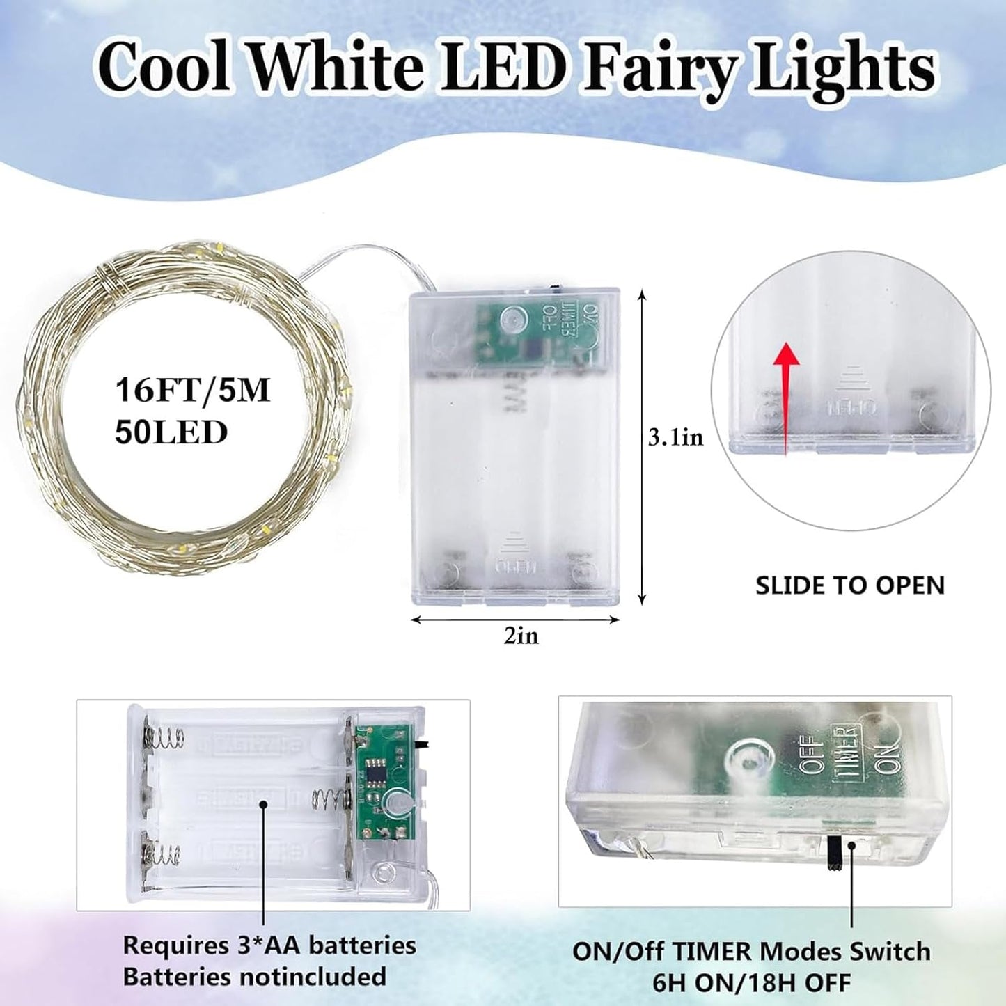 Skiennix 8-Pack Fairy Lights - Battery Operated String Lights with Remote & Timer | 16 FT, 50 LEDs, Waterproof, Cool White