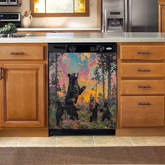 Dishwasher Magnet Cover, Forest Black Bear Family Magnetic Dishwasher Sticker for Kitchen Decoration 23x26in Fridge Panel Vinyl Decal Farmhouse Refrigerator Cover