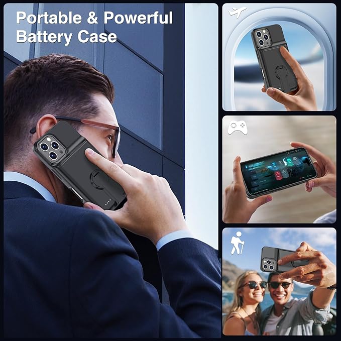 GIN FOXI Battery Case for iPhone 16 Pro, Charging Case with Holder 8000mAh Rechargeable Charger Ultra-Slim Anti-Fall Protection Extended Battery Pack Juice Box for iPhone 16 Pro 6.3" Black