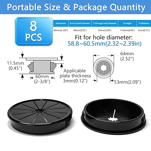 BOPOREAE 8 Pcs Cable Grommet, Snap Bushing 2-3/8" (60 mm) Mounting Diameter, Flexible Petal-Shaped Buckle Round Nylon Desk Grommet for Wires Through Countertop Cord Organizer and Protection, Black