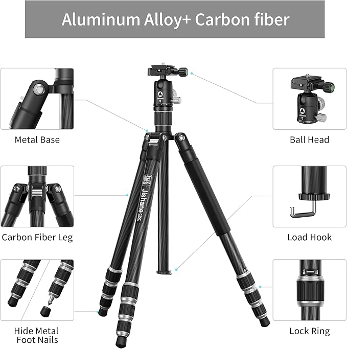 Jishane Carbon Fiber Camera Tripod, 62" Professional Video Tripod for Camera with 360° Ball Head, 1/4" Arca QR Plate, Compact Lightweight Travel Monopod for DSLR/Smartphone, Max Load 17.6 lbs/8kg