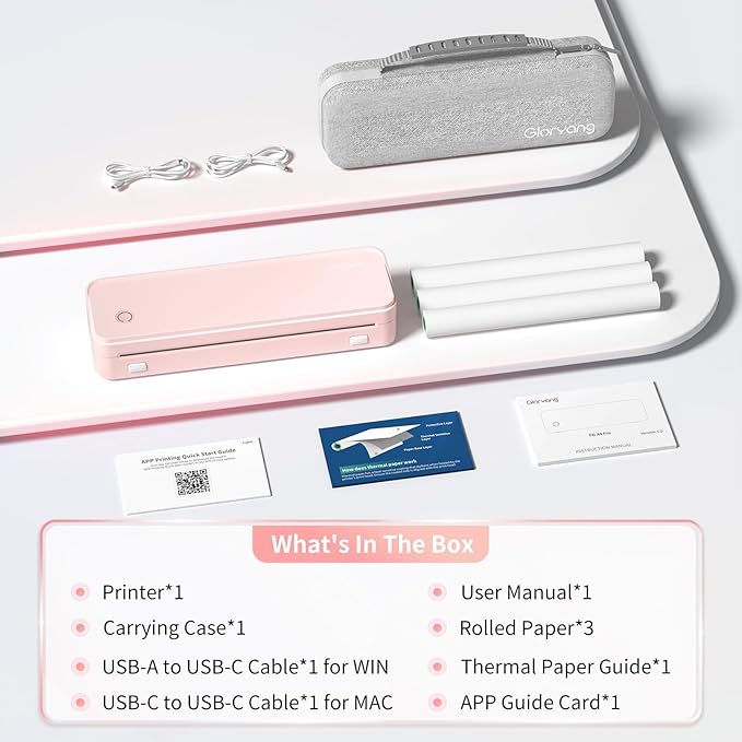 Gloryang Inkless Portable Printer for Travel, Wireless Thermal Printer Supports 8.5 x 11 Inch US Letter Size, Bluetooth Machine Includes Carry Case and 3 Rolls of Thermal Paper Kit, Pink