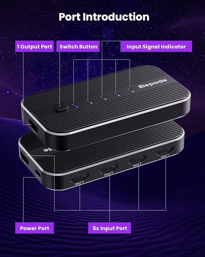HDMI Switch 5 in 1 Out with Remote - 4K@60Hz, HDMI Splitter Support HDCP2.2, HDR, 3D, Dolby Support, 3 Port Switcher Selector Box with Xbox, PS5/4/3, Fire Stick Roku Blu-Ray Player (5 in 1 Out)
