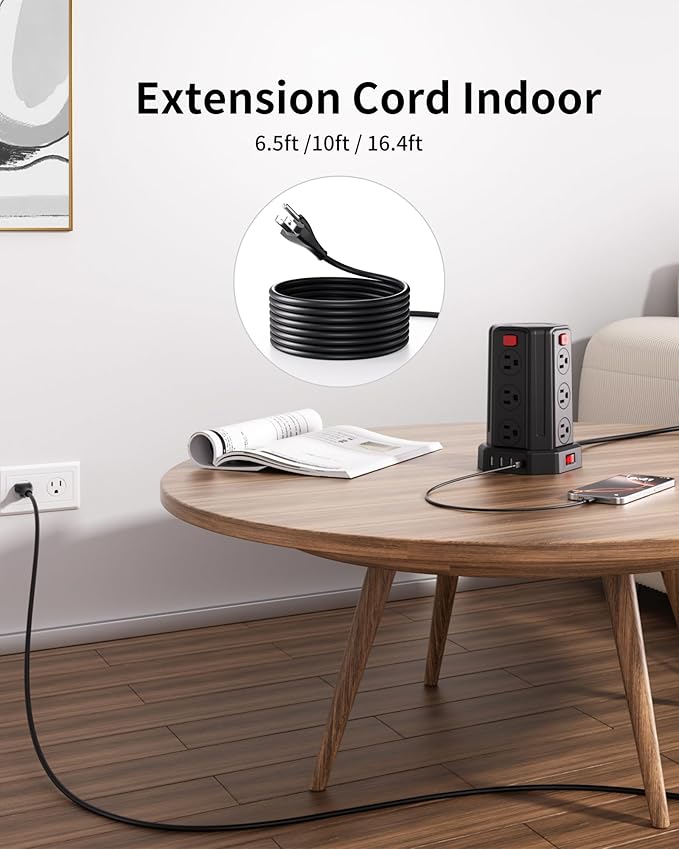 Power Strip Surge Protector, 6.5 Ft Extension Cord with 12 AC Multiple Outlets 4 USB (1 USB C), SMALLRT Power Tower Desktop Charging Station