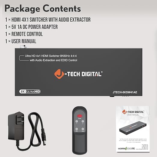 J-Tech Digital 8K HDMI Switch 4 in 1 Out 8K@60Hz 4K@120Hz 1080P@240Hz, HDMI Audio Extraction to Optical & 3.5mm, HDR HDCP 2.3 EDID Control, Compatible with PS5 PS4 Xbox Switch Apple TV Roku Fire TV