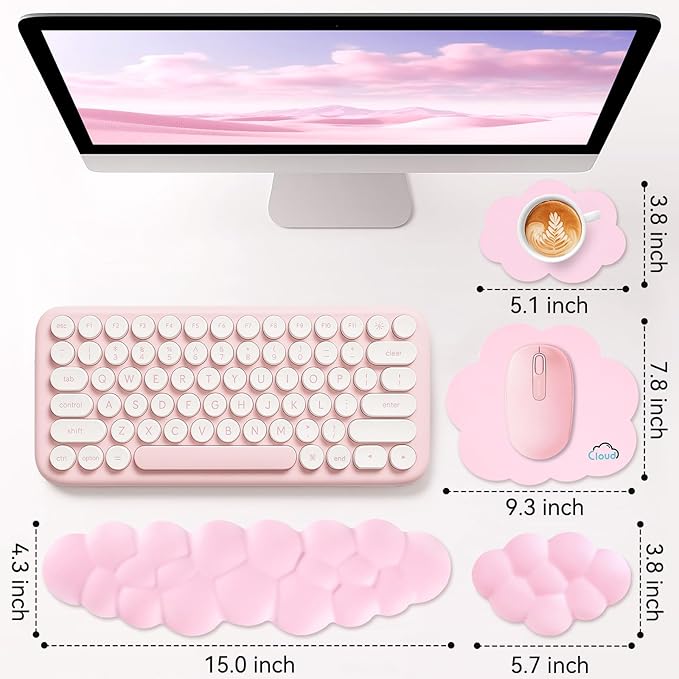Sushret Cloud Wrist Rest for Computer Keyboard, 4-in-1 Memory Foam Leather Cloud Keyboard Wrist Rest and Mouse Pad Set with Ergonomic Support for Arm and Palm Cushion, Gaming/Work Setup, Pink