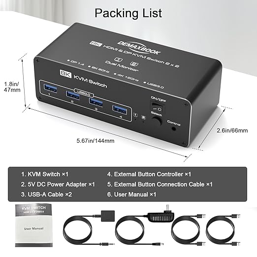 DEMEXBOOK 8K Dual Monitor DisplayPort KVM Switch 2 Monitors 2 Computers 8K@60Hz 4K@144Hz, 2 Computers Share 2 Monitors, 4 USB 3.0 Ports, Supports Extended/Copy Mode with Remote & USB Cables