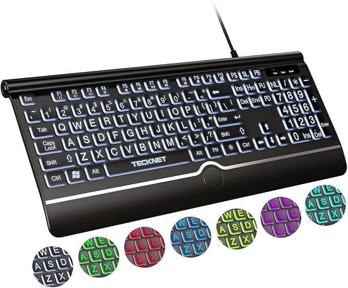 TECKNET Large Print Backlit Keyboard, Wired USB-A Computer Keyboard with Wrist Rest, 7-Color Backlit, Oversized Letter Keys Easy to See, Plug-and-Play, Silent, Light Up Keyboard for Windows/PC/Laptop