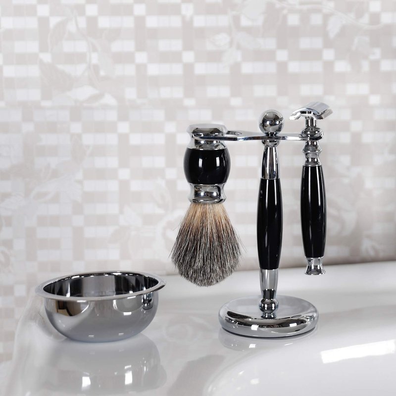 SANWA Deluxe Stainless Steel Shaving Brush Stand Holder for Razor & Brush Weighted Base Black Handle