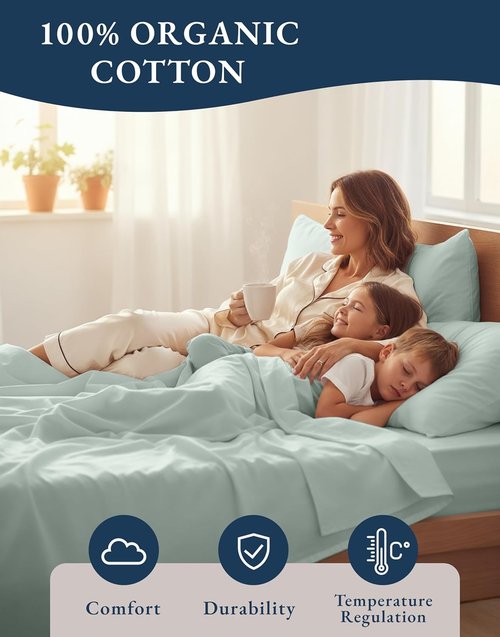 **LANE LINEN 100% Organic Cotton Twin XL Sheet Set - Extra Long, 15" Deep Pocket, Naturally Temperature Regulating - Cool Blue**