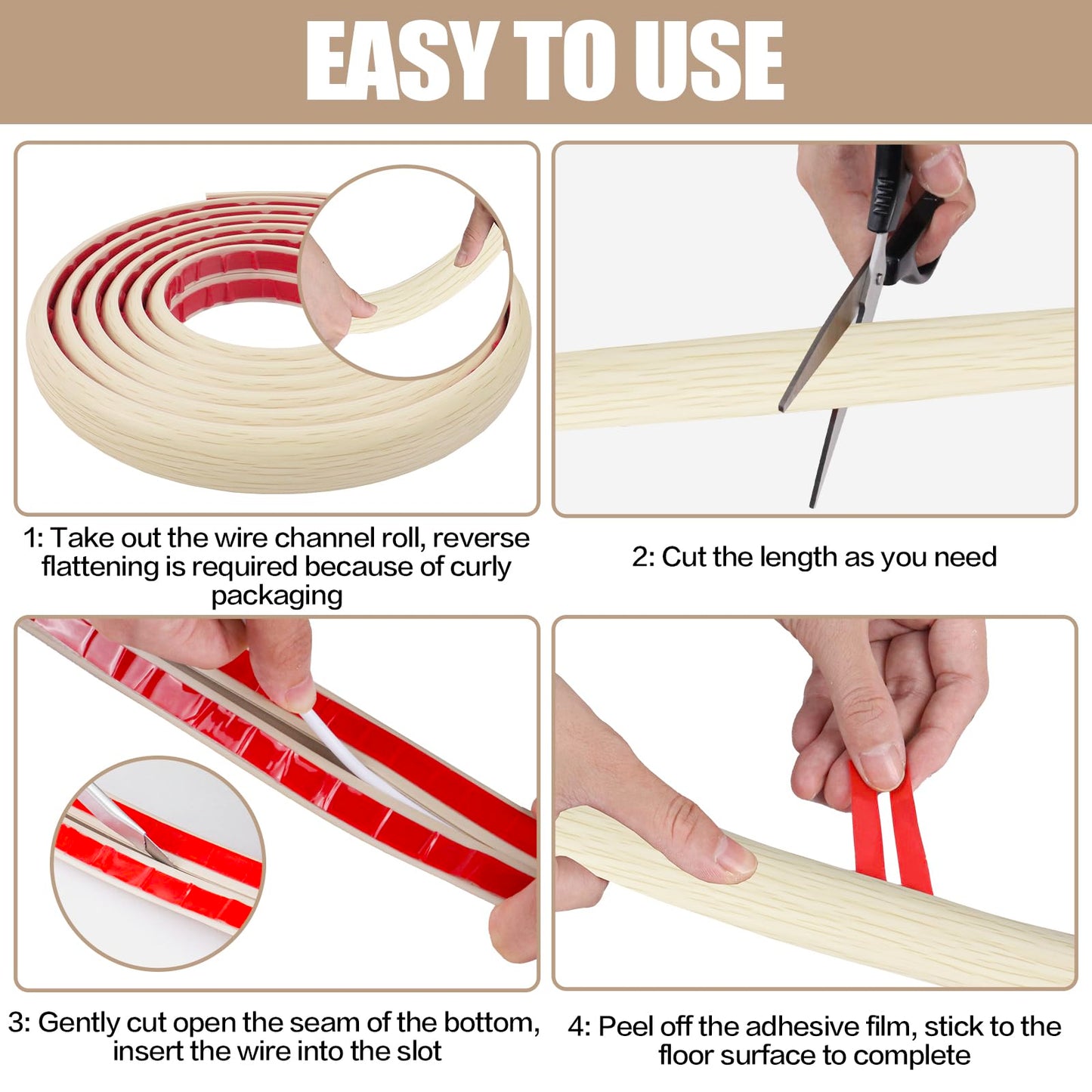 Floor Cord Cover Self Adhesive Cord Hider,3.3FT Cable Management, Extension Strip Protector for Wires, Prevent Cable Trips for Offices, Gyms, Exhibitions Cavity:0.51"(W) x 0.3"(H) Yellow Wood