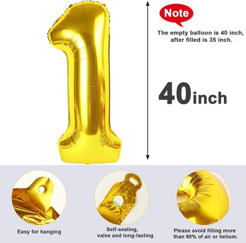 Gold Number Balloons 40 Inch - Big One Balloon for 1st Birthday | Perfect for Celebrations & Graduations