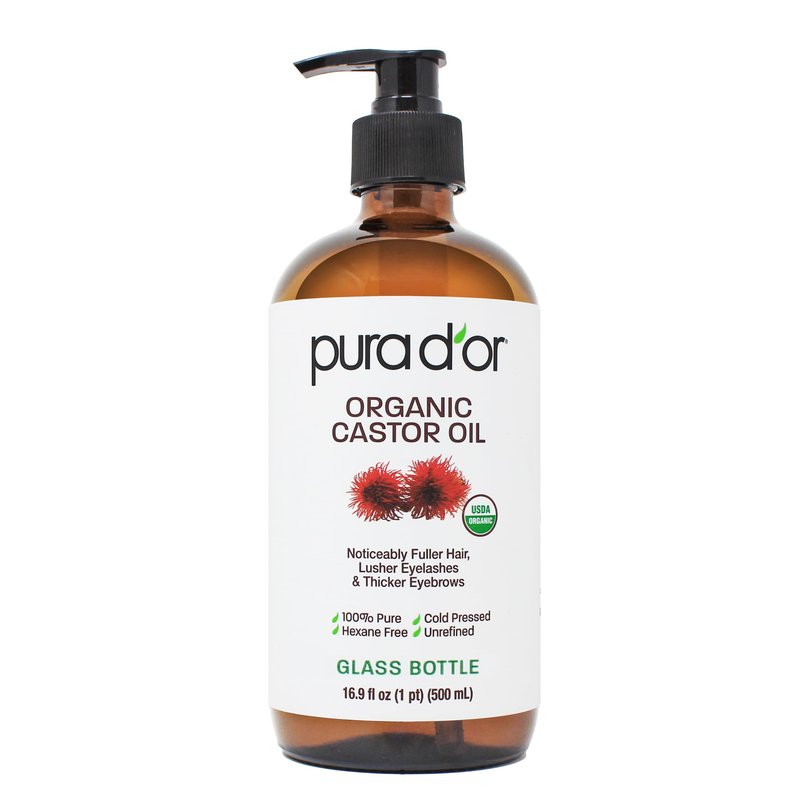PURA D'OR ORGANIC Castor Oil (16.9 Oz GLASS BOTTLE) Pure Cold-Pressed Hexane-Free USDA Certified â Lashes Brows Hair Scalp Skin â Botanical Moisturizer for Softness Strength Hydration Shine Radiance