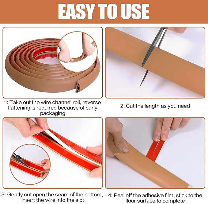 Floor Cord Cover Cavity 0.8"x0.37" Self Adhesive Cord Hider, 3.3FT Low Profile Cable Management, Extension Strip Protector for Wires, Prevent Cable Trips for Offices, Gyms, Exhibitions(Brown)