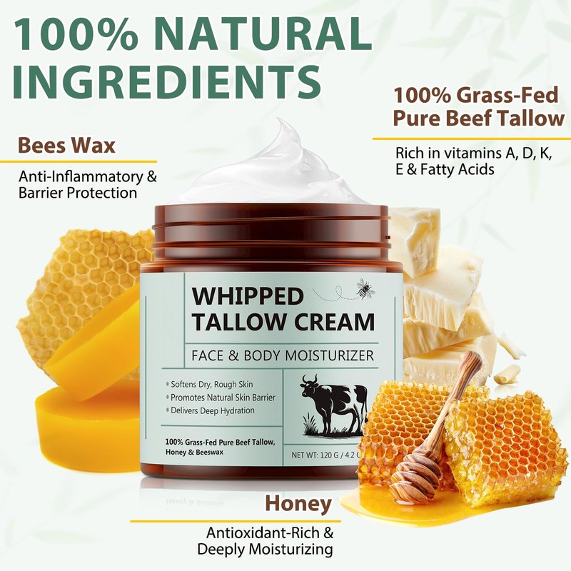 Cacukn Whipped Beef Tallow for Skin, Organic Face Moisturizer with Grass Fed Beef Tallow & Raw Honey, Deeply Moisturizes Face & Body, Reduces Skin Irritation and Sensitivity, 2 Pcs