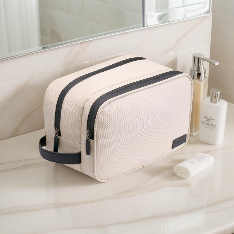 Portable Waterproof Leatherette Toiletry Bag - Double-Layer Large Capacity Organizer for Travel & Makeup, Multifunctional Toiletries Storage with Handle (Beige)