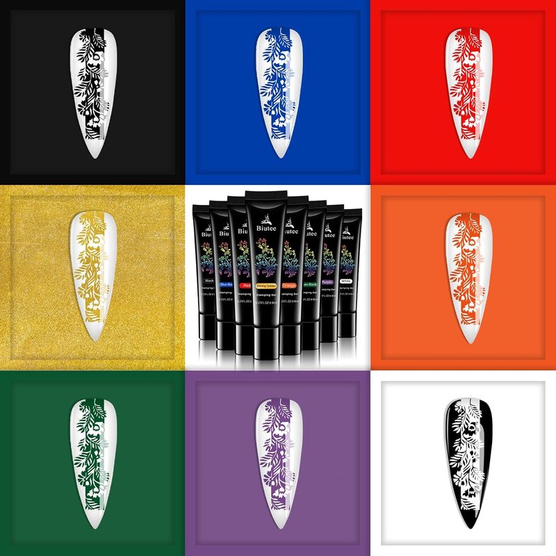 SEISSO Nail Stamping Polish Kit - 8 Colors, 4 Templates & Peel Off Tape for DIY Flower Art Design