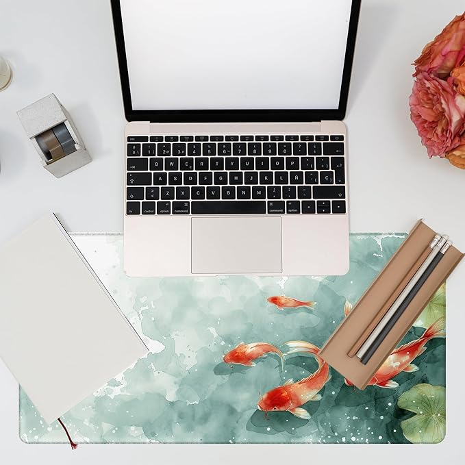 KOAIWPAE Desk Pad, Watercolor Koi Fish Desk Mat, Koi Fish in Pond Large Gaming Mouse Pad, 31.5"x15.7" Extended Big Computer Keyboard Mouse Pad with Non-Slip Base and Stitched Edge
