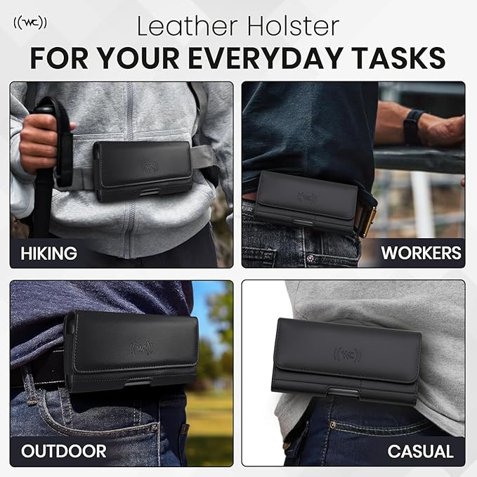 Wireless City Leather Phone Holster for iPhone 17/17 Pro, 16/16 Pro/16e, 15/15 Pro, 14/14 Pro, 13/13 Pro, 12/12 Pro, 11, XR Horizontal Belt Clip Phone Pouch Card Holder Magnetic Closure Phone Case