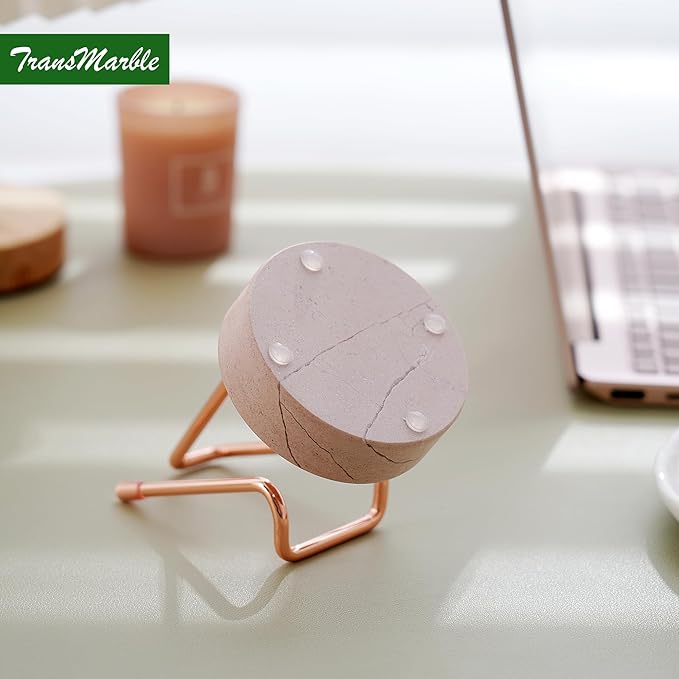 TransMarble Marble Phone Stand with Metal Holder, Charging Available While Using, Swipe Up to Unlock, Made of Natural Marble as Business Card Holder for Office Desk (Rose Pink + Rose Gold)
