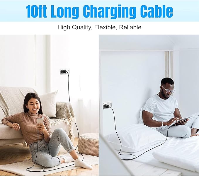 TT&C 2-Pack 30W USB C Charger Set (2X Mini Wall Blocks + 2X 10ft Extra Long Cables), Power PD3.0 Fast Charging Compatible with iPhone 17, 17 Air, 16, 15, iPad Pro, for Samsung Galaxy S25, S24, Black