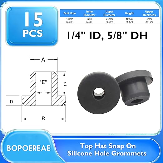 BOPOREAE 15 Pcs 5/8" Drill Hole, 1/4" ID Silicone Rubber Grommets for Wiring, Automotive Firewall Hole Plug, Small Top Hat Metal Wall Drywall Grommets for Vinyl Tubing in Hydroponic Irrigation System
