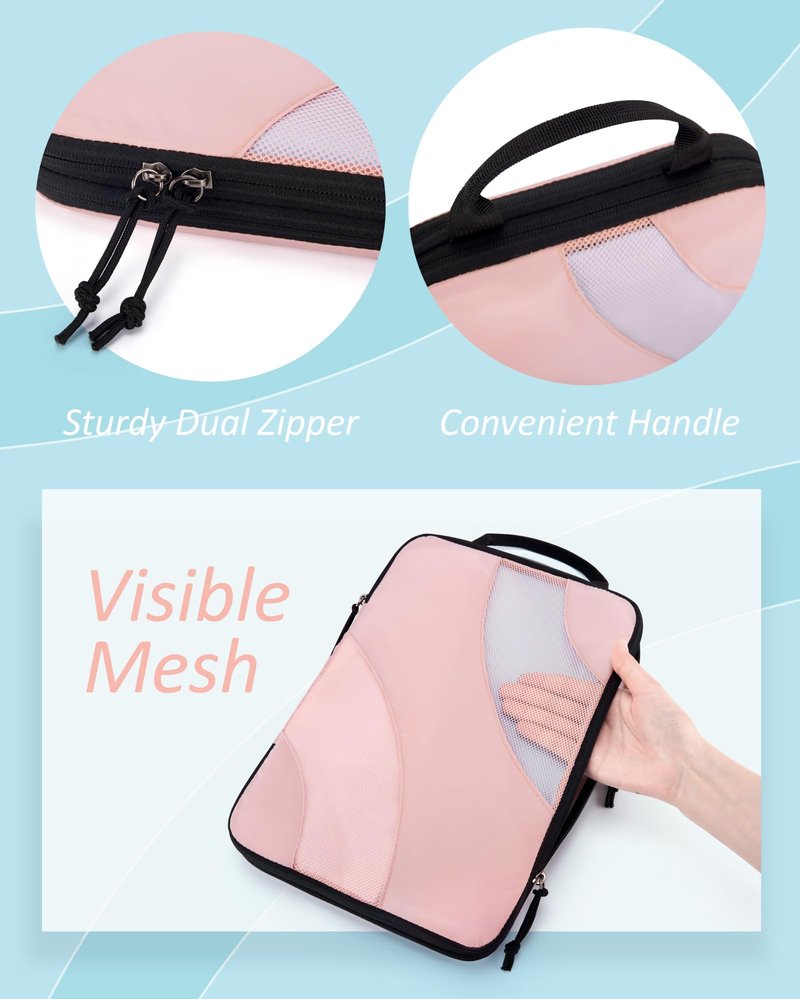 BAGSMART Compression Packing Cubes for Travel, 6 Set Travel Packing Cubes for Suitcases, Compression Suitcase Organizers Bag Set, Lightweight Packing Organizers Baby Pink