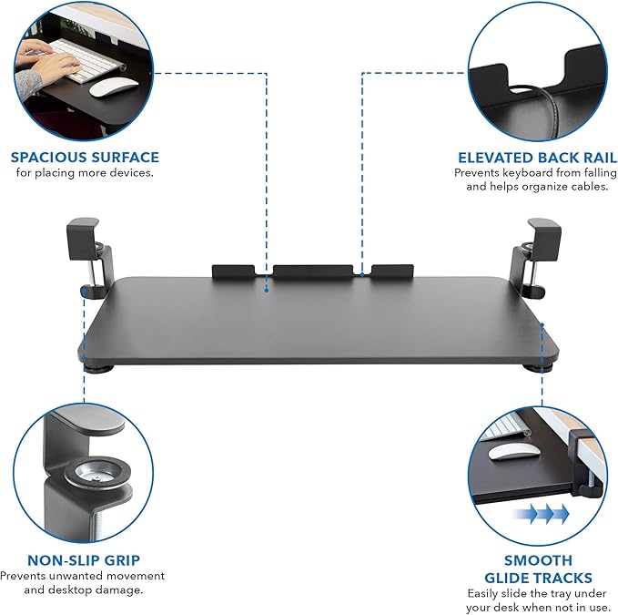 Mount-It! Clamp-On Under Desk Keyboard Tray, No-Drill Slide-Out Keyboard & Mouse Platform, 26.4" W × 11.8" D, Adjustable Ergonomic Keyboard Drawer, Fits Desks up to 1.5" Thick