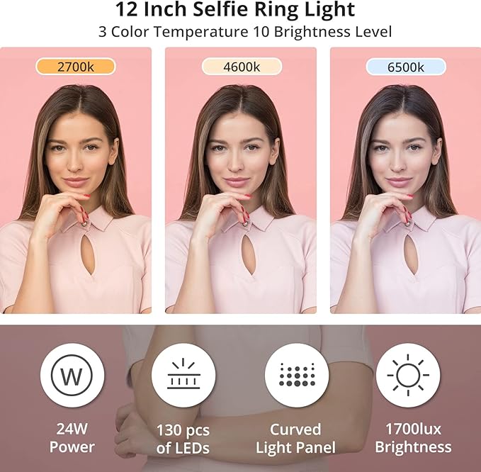SupeDesk 12" Ring Light with Stand and Phone Holder,Overhead Phone Stand,2 Phone Holders,2700-6500K,3 Color Modes,10 Brightness Levels,Remote Control,Adjustable,Live Stream,Tiktok/YouTube