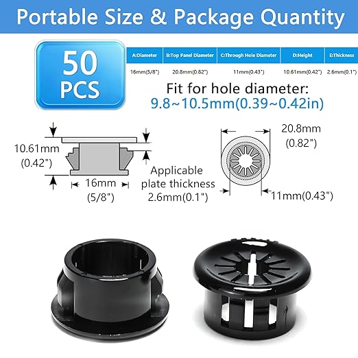 BOPOREAE 50 Pcs Cable Grommet, Snap Bushing 5/8" (16 mm) Mounting Diameter, Flexible Petal-Shaped Buckle Round Nylon Desk Grommet for Wires Through Countertop Cord Organizer and Protection, Black