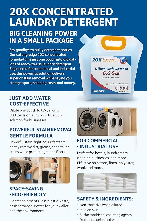 Commercial Bulk Laundry Detergent Refill, 20X Concentrated, Makes 6.6 Gallons (800 Loads) – Heavy-Duty Stain Removal, HE Compatible,Economical