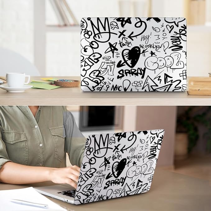 HOHAIYOO Compatible with MacBook Air 13 inch Case 2026 2025-2022 M5 A3449 M4 A3240 M3 A3113 M2 A2681, Hard Shell&Keyboard Cover&Screen Film&Webcam Cover for MacBook Air 13.6 inch Case, Black Graffiti
