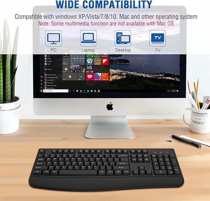 EDJO Wireless Keyboard, 2.4G Ergonomic Full Size Wireless Computer Keyboard with Wrist Rest for Windows, Mac OS Desktop/Laptop/PC(Gray)