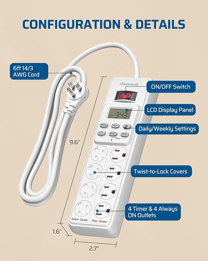 DEWENWILS 8 Outlet Power Strip with Timer (4 Timed/4 Always On), Indoor Digital Outlet for Reptile Light, Turtle Grow Light, Bearded Dragon Tank, Aquarium, 6ft Flat Plug Cord, 15A, UL Listed