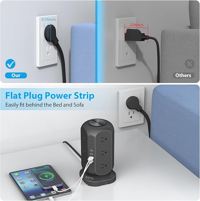 Power Strip Tower AOFO 12 AC Outlets with 4 USB(1 USB C) Ports Charging Station with Overload Protection, Widely Spaced Multiple Outlets with 10Ft Extension Cord for Home,Dorm & Office