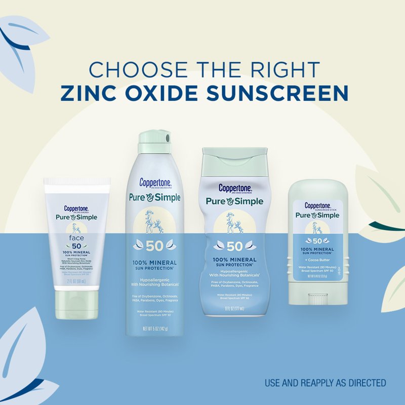 Coppertone Pure and Simple Mineral Sunscreen Stick SPF 50, Water Resistant, Hypoallergenic, Face Sunscreen with Broad Spectrum UVA/UVB Protection, 0.49 oz Stick
