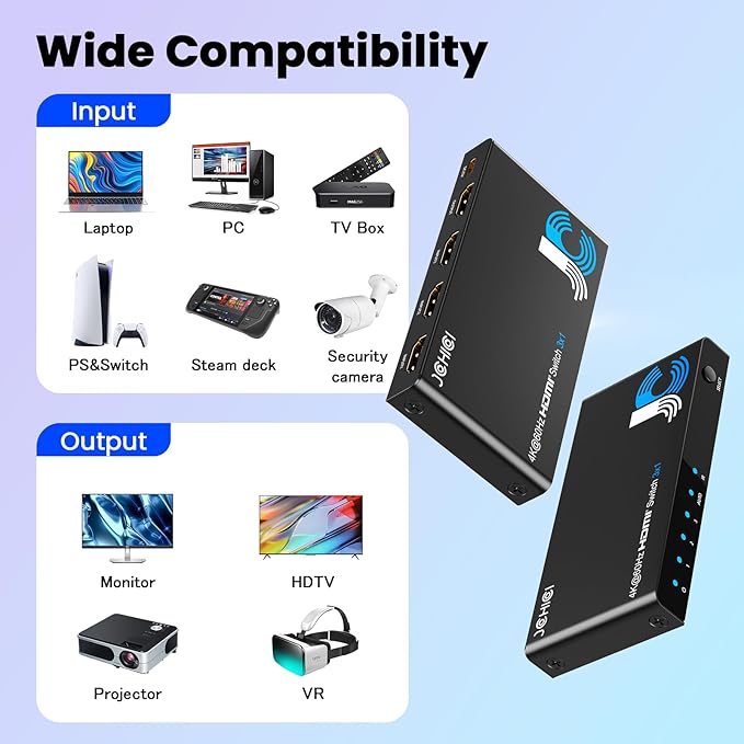 JCHICI HDMI Switch 3 in 1 Out, 4K@60Hz Switcher Splitter, Auto-Switching HDMI 2.0 Switcher with Remote, HDCP 2.2/HDR/3D, Works with PS5/PS4/Switch/Xbox/PC