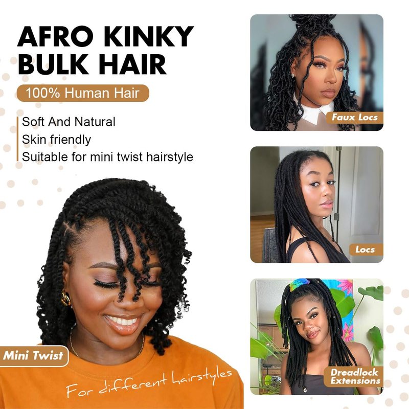 Vecago Afro Kinkys Bulk Human Hair, 4c Curly Hair for Permanent Sister Locs/Mini Twists/Braids/Repair Can Dye and Bleach(16 inch),Black