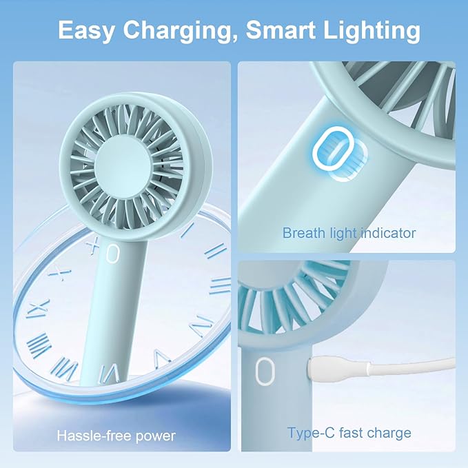 Mizong Mini Fan Portable Handheld Fan, USB Rechargeable Personal Fan with Base, 10H Long Lasting Battery Mini Pocket Cooling Fan for Desktop Travel Outdoor Vacation Concert Lash Makeup Use