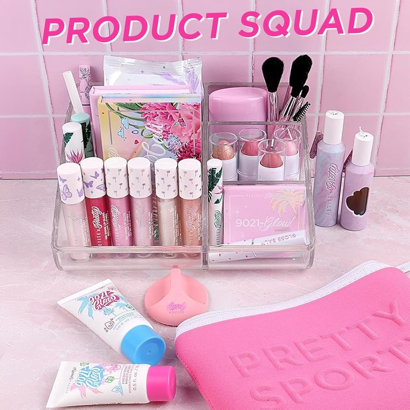 Get Ready with Me Essentials Set - Sparkly Glitter Makeup Tray, Scrunchie & Hair Accessories for Girls | Mini Size