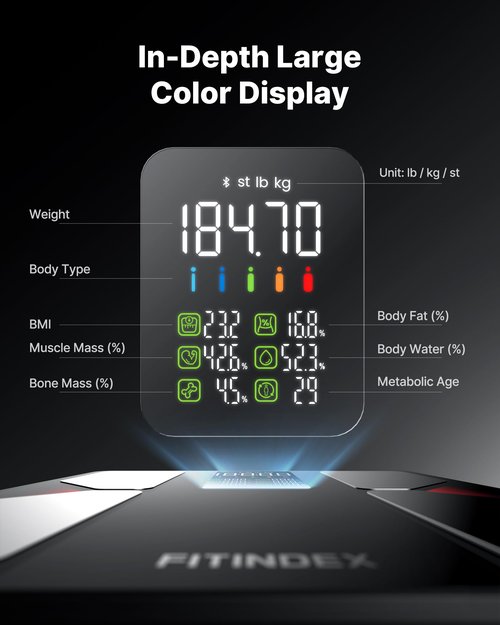 FITINDEX Smart Scale with BMI, Body Fat, Muscle Mass, Scale for Body Weight and Fat Percentage, High Accurate Bluetooth Scale with Large Display, 13 Body Composition Analyzer Sync APP, 500lbs, 11.8"
