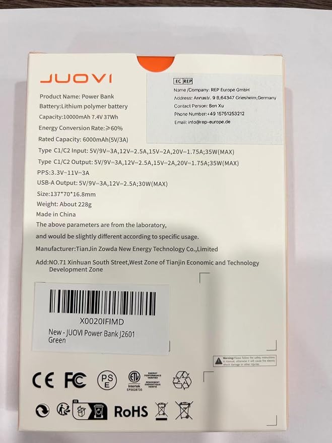 JUOVI Power Bank Fast Charging 10000mAh 35W Portable Charger Small Battery Pack with PD 3.0 & QC 4.0 Type-C USB-A Input Output Lightweight Phone Charger Compatible for iPhone Samsung iPad
