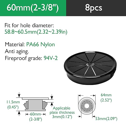 EASYEAH 8PCS Cable Grommets, 2-3/8"(60mm) Desk Hole Cover Petal Shaped Buckle Type Nylon Snap Bushing Grommet, Wire Hole Cover Insert for Cables and Cords Management and Protection of Cabinet, Black