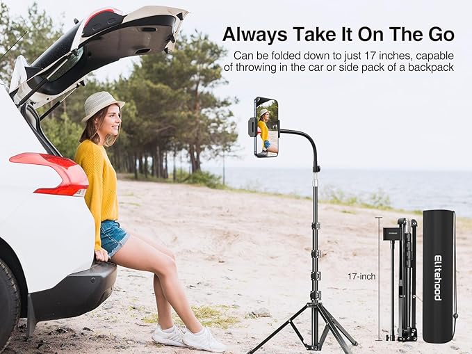 elitehood 80” Tall Phone Stand Tripod, Floor Phone Recording Holder, Heavy Duty Adjustable iPhone Tripod Stand Compatible with iPhone 15 14 13 12