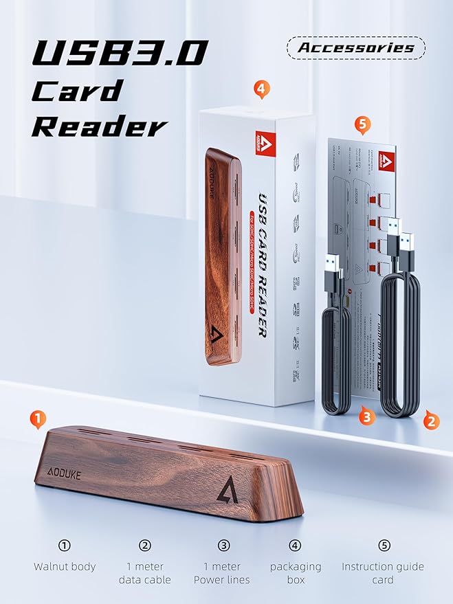 AODUKE 8-Port USB 3.0 SD Card Reader, Walnut Wood Design 5Gbps Data, Simultaneous Support to Micro SD/TF3.0 and SD3.0 Card Read and Write (Compatible UHS-I/II Card)-AST43M