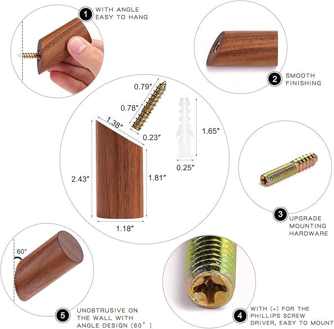 Felidio Wood Wall Hooks, 6 Pack Natural Wooden Coat Hooks Wall-Mounted, Rustic Heavy Duty Hook for Hanging Towels Coats Plants, Entryway Hat Hanger Wall Coat Rack (Walnut Wood)