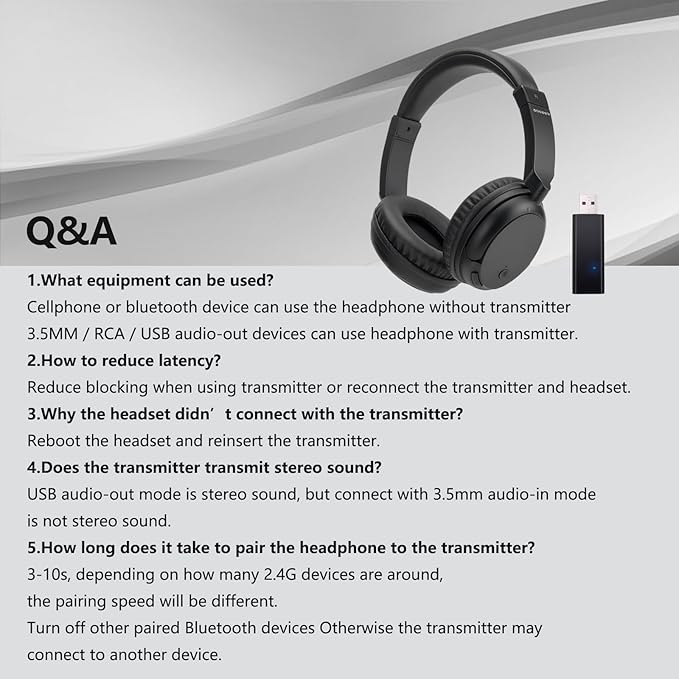 BAOBER Wireless Bluetooth Headphone Over Ear, Bluetooth Transmitter for TV,PC,3.5mm Audio Device, Wired and Wireless Headset (Black)