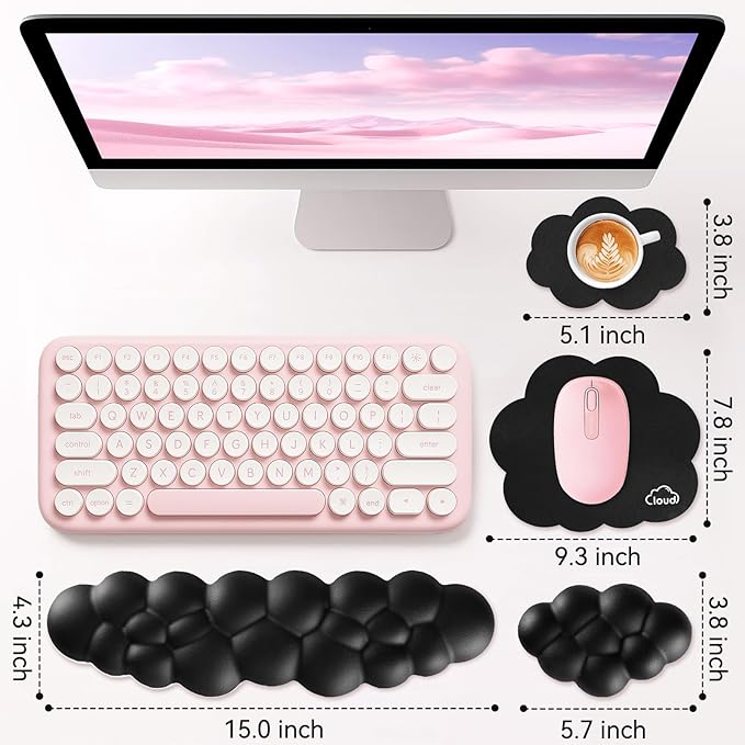 Sushret Cloud Wrist Rest for Computer Keyboard, 4-in-1 Memory Foam Leather Cloud Keyboard Wrist Rest and Mouse Pad Set with Ergonomic Support for Arm and Palm Cushion, Gaming/Work Setup, Black